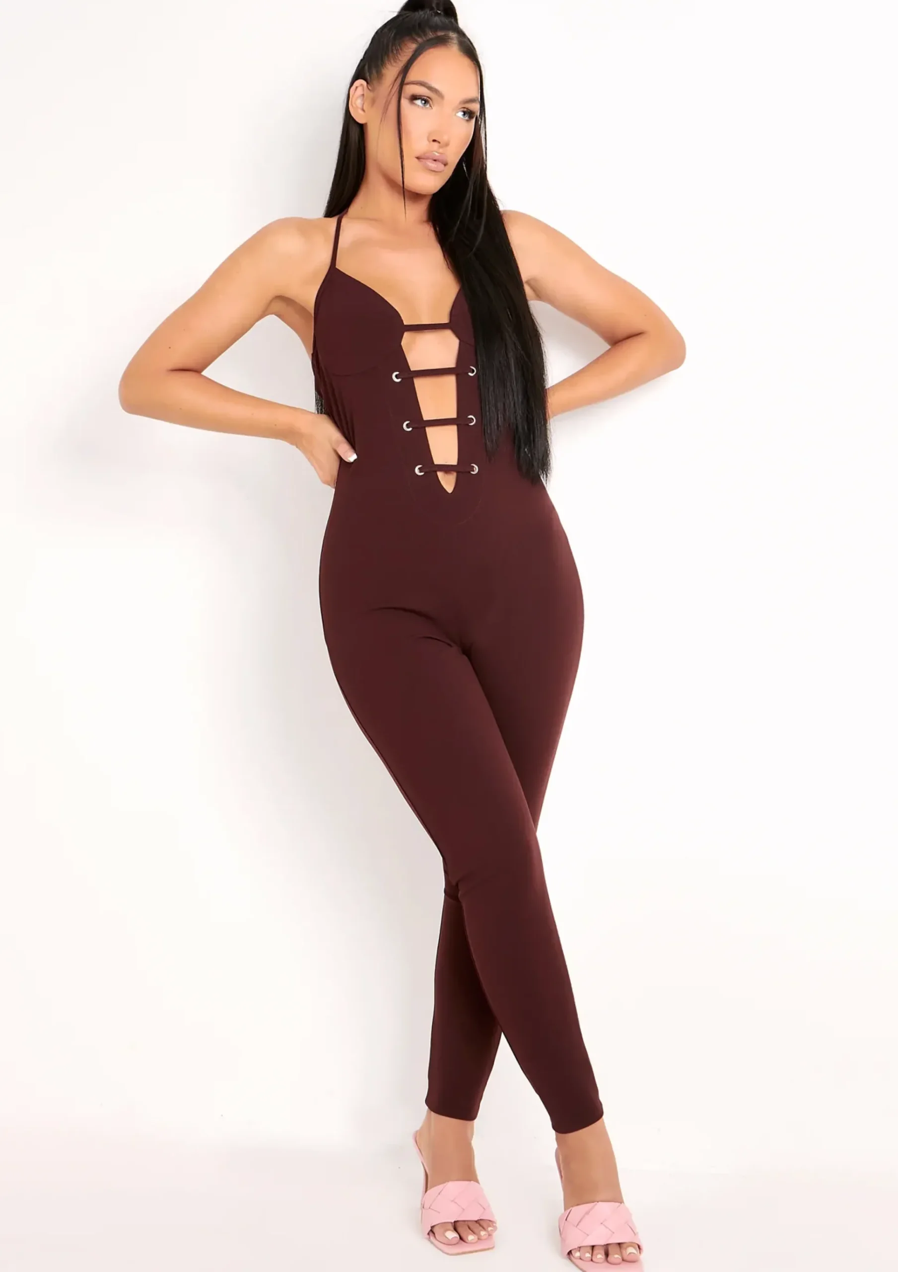Best Sale Reese Chocolate Plunge Detail Halterneck Jumpsuit Women Jumpsuits & Playsuits