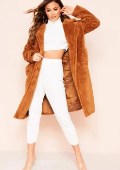 Remy Brown Faux Fur Midi Oversized Coat^Missy Empire Clearance