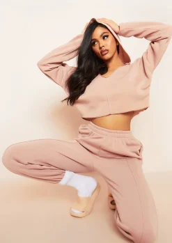 Clearance Rhea Beige V Neck Seam Detail Cropped Hoodie Women Loungewear