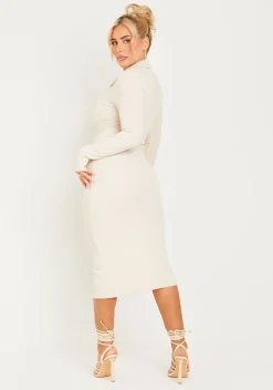 Fashion Rhianna Cream Crinkle Rib Long Sleeve Collared Midi Dress Women Dresses