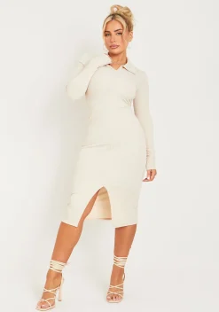 Fashion Rhianna Cream Crinkle Rib Long Sleeve Collared Midi Dress Women Dresses