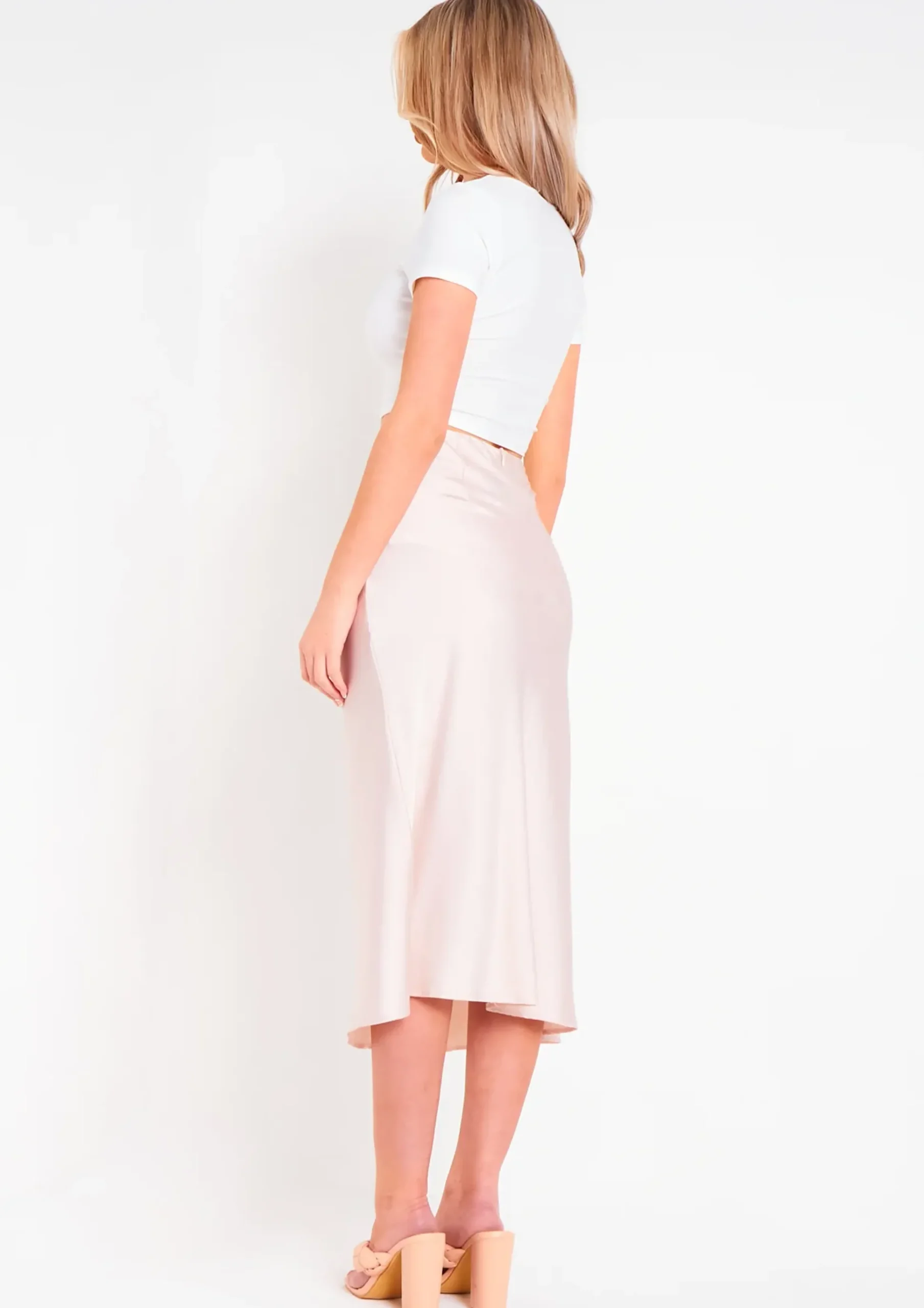 Rina Beige Satin Midi Skirt^Missy Empire Best