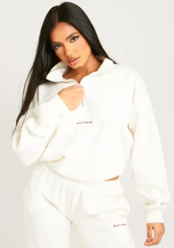 Clearance Rivka Cream Embroidered Half Zip Oversized Sweatshirt Women Tracksuits