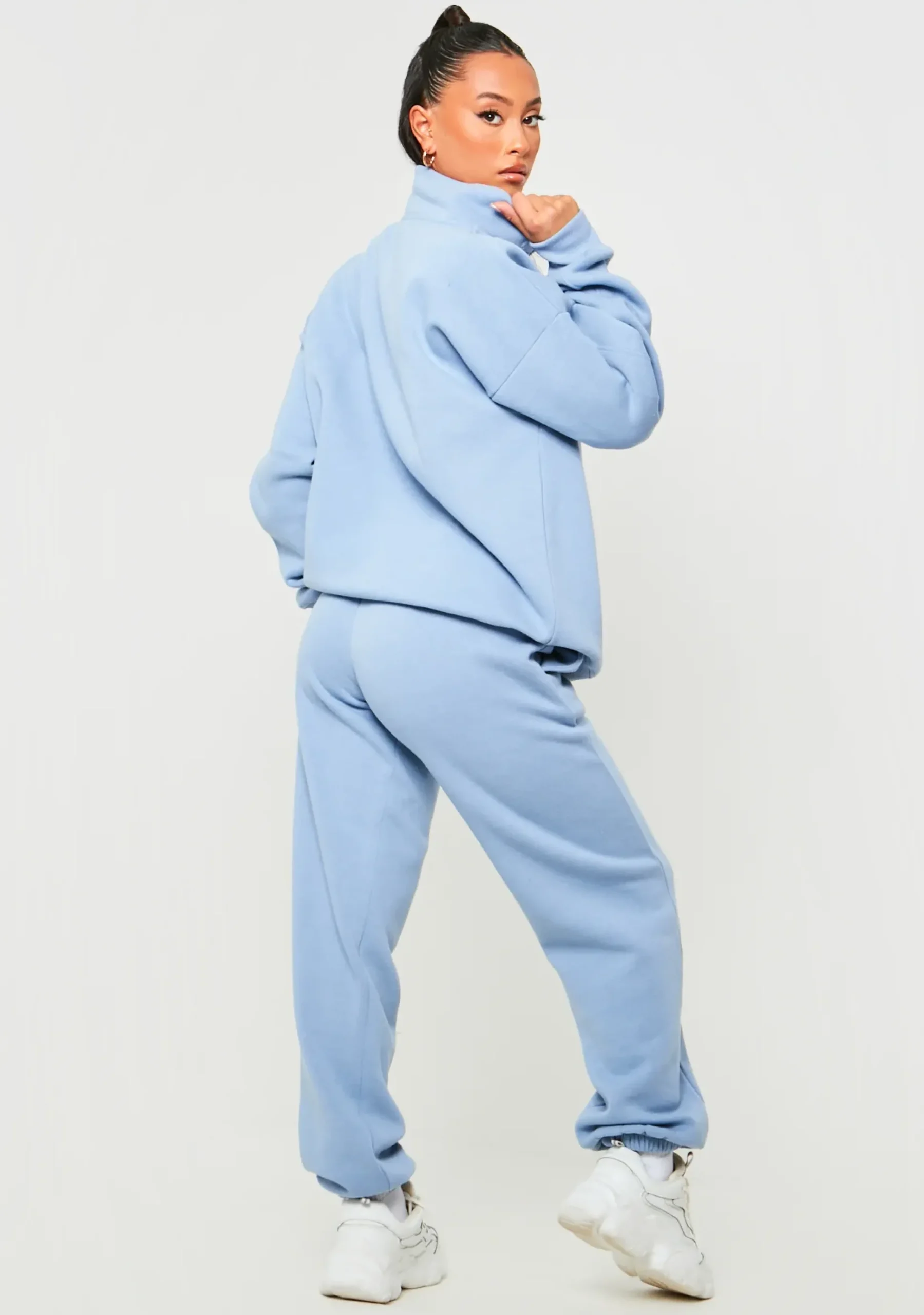 Hot Rivka Pastel Blue Embroidered Half Zip Oversized Sweatshirt Women Tracksuits