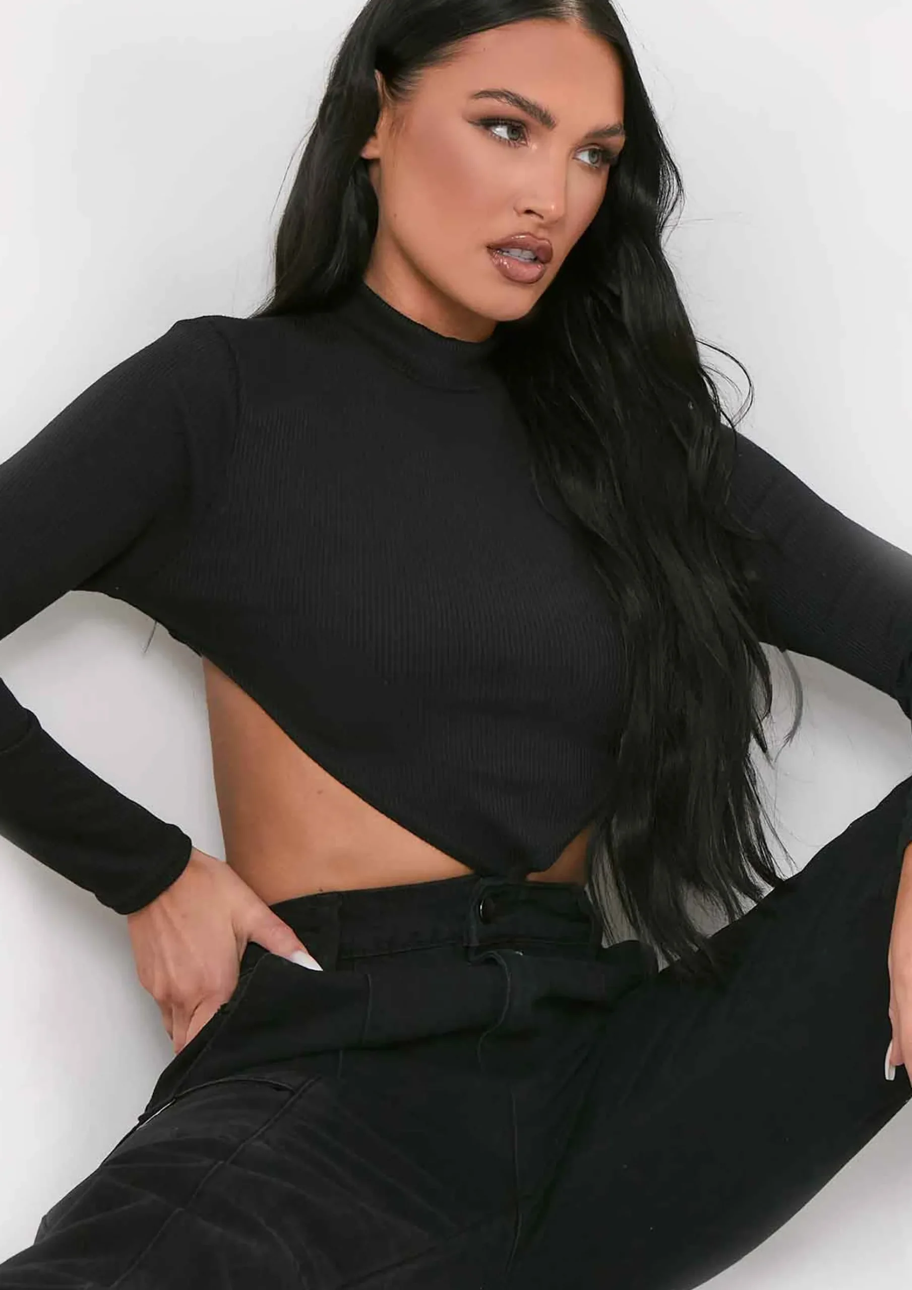 Roderiga Black Ribbed High Neck Tie Back Crop Top^Missy Empire Clearance