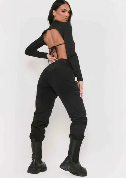 Roderiga Black Ribbed High Neck Tie Back Crop Top^Missy Empire Clearance