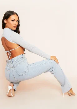 Roderiga Light Grey Ribbed High Neck Tie Back Crop Top^Missy Empire Online