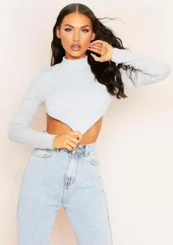 Roderiga Light Grey Ribbed High Neck Tie Back Crop Top^Missy Empire Online