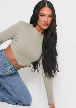 Roderiga Sage Ribbed High Neck Tie Back Crop Top^Missy Empire Best Sale