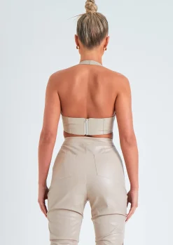 Romy Beige Pu Cropped Corset Halterneck Top^Missy Empire Shop