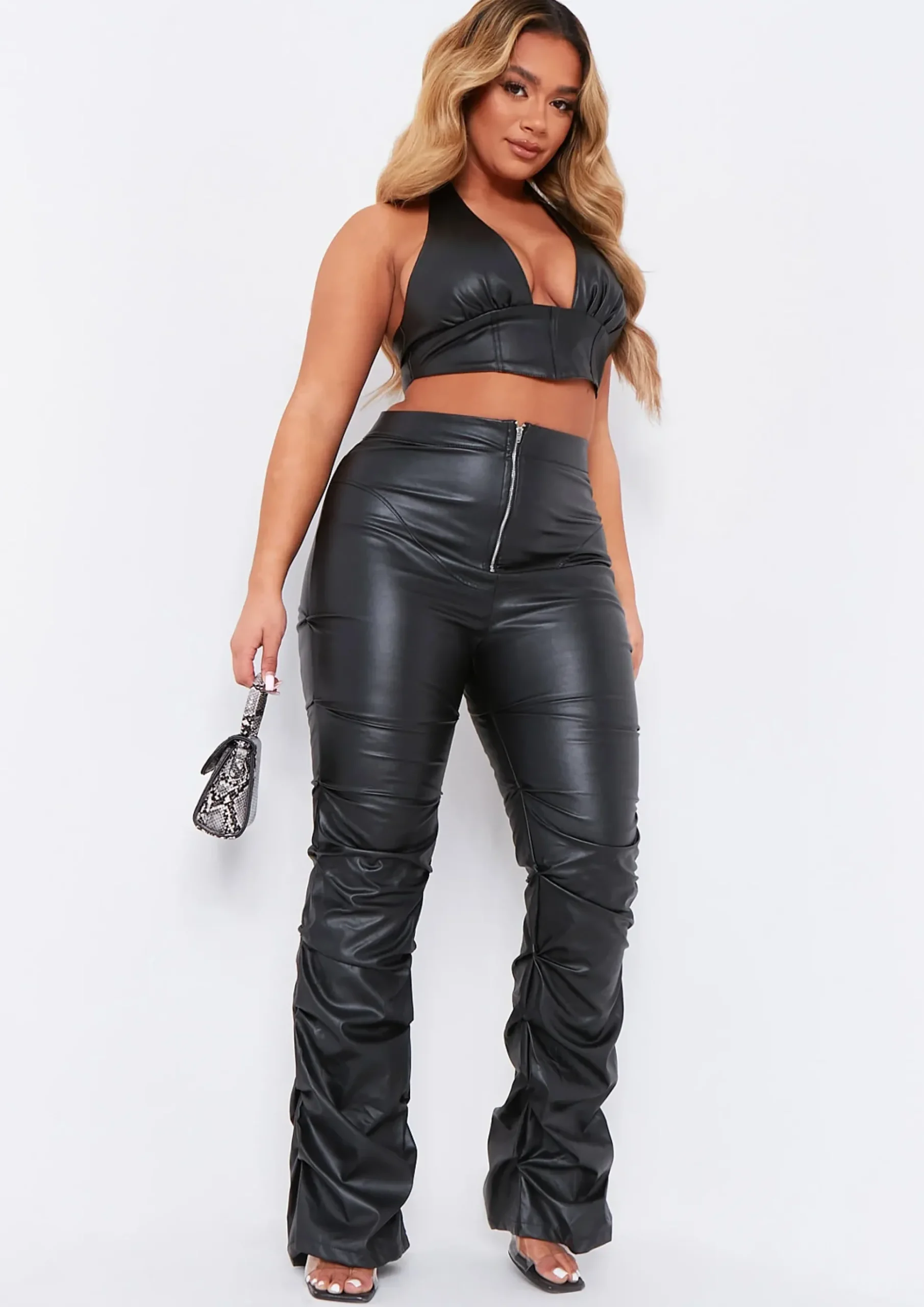 Romy Black Pu Cropped Corset Halterneck Top^Missy Empire Best