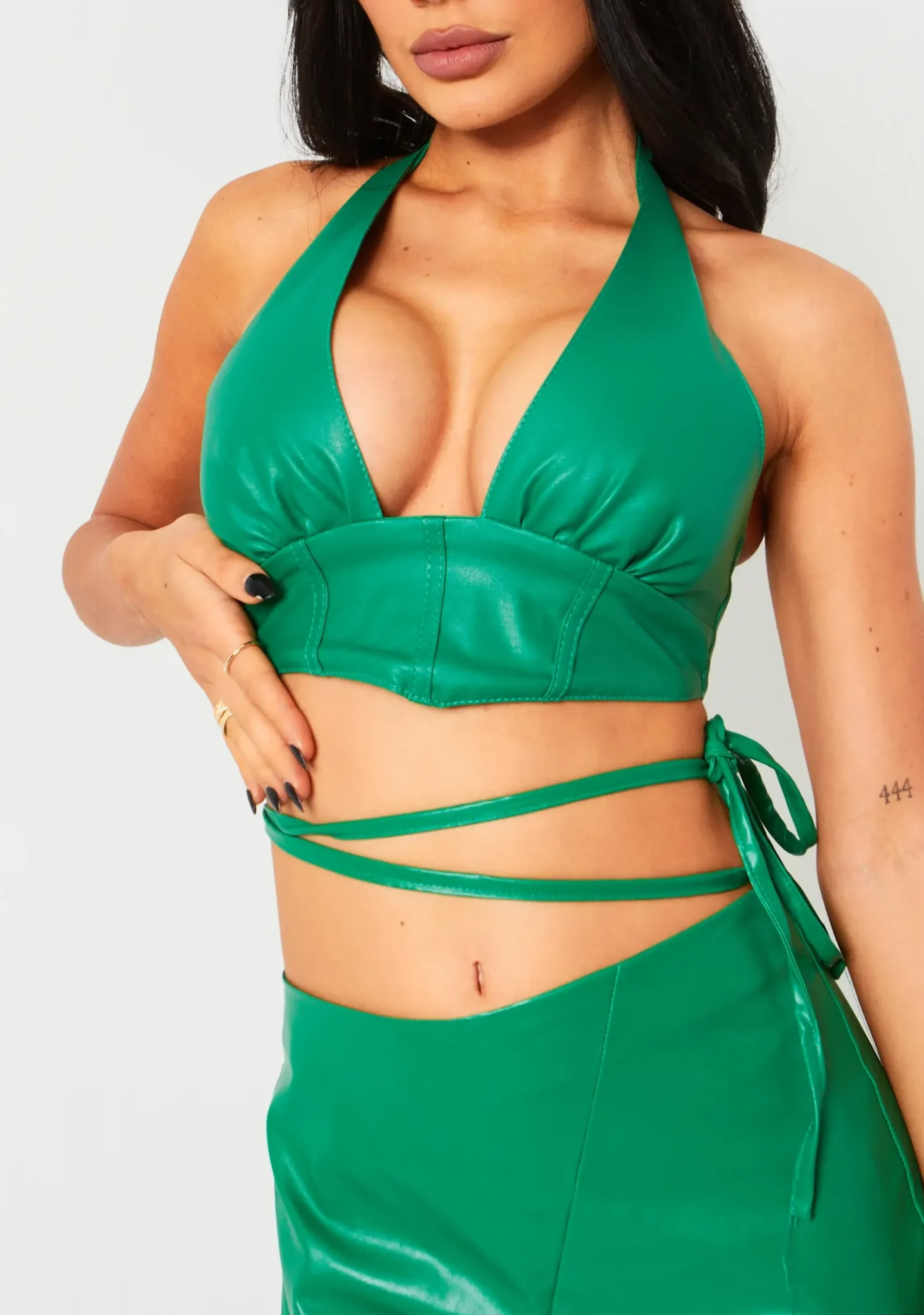 Romy Green Pu Cropped Corset Halterneck Top^Missy Empire Sale