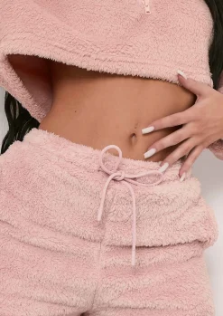 Shop Rose Pink Fluffy Teddy Drawstring Shorts Women Shorts
