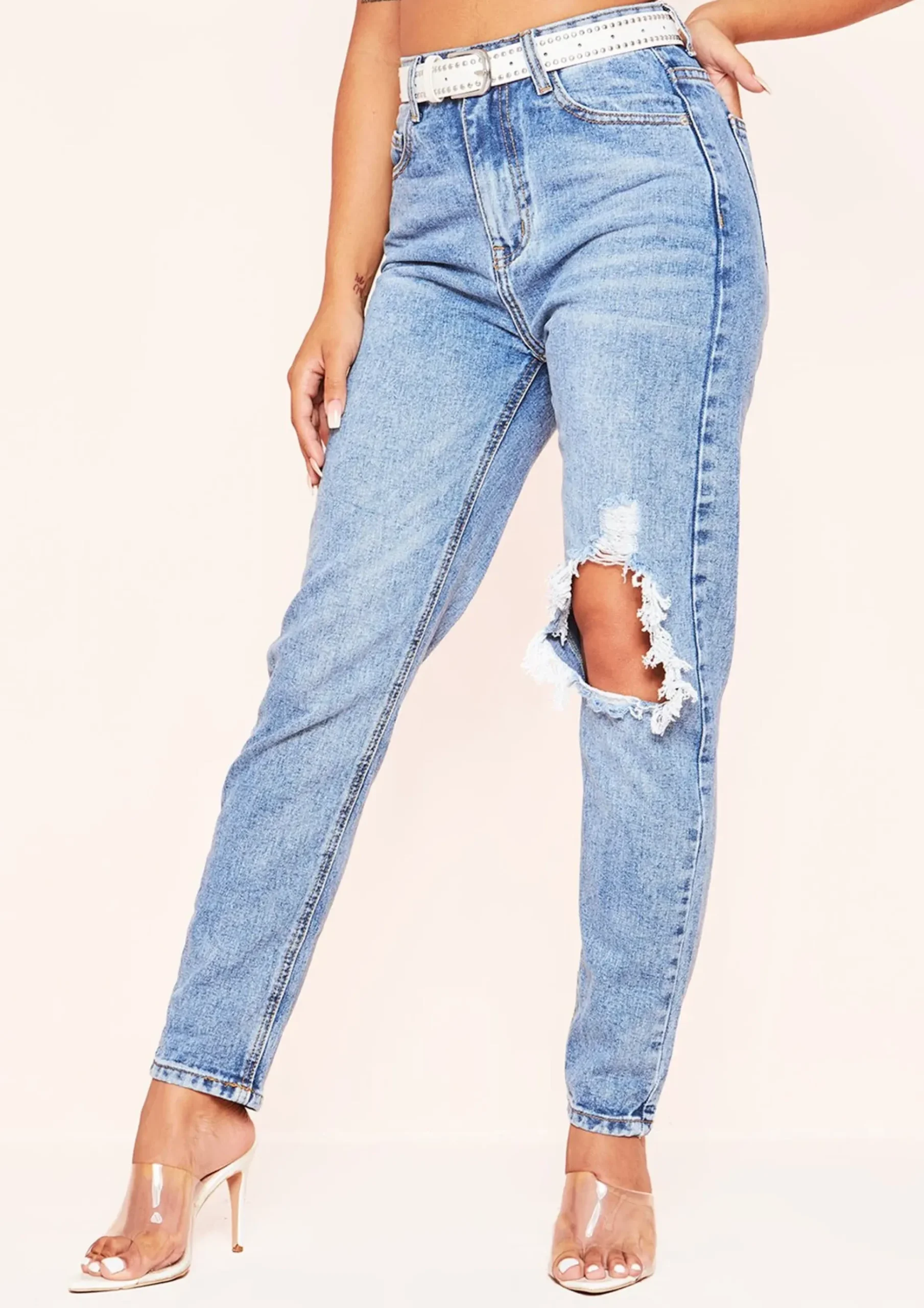 Rose Denim Wash Ripped Straight Leg Jeans^Missy Empire Hot