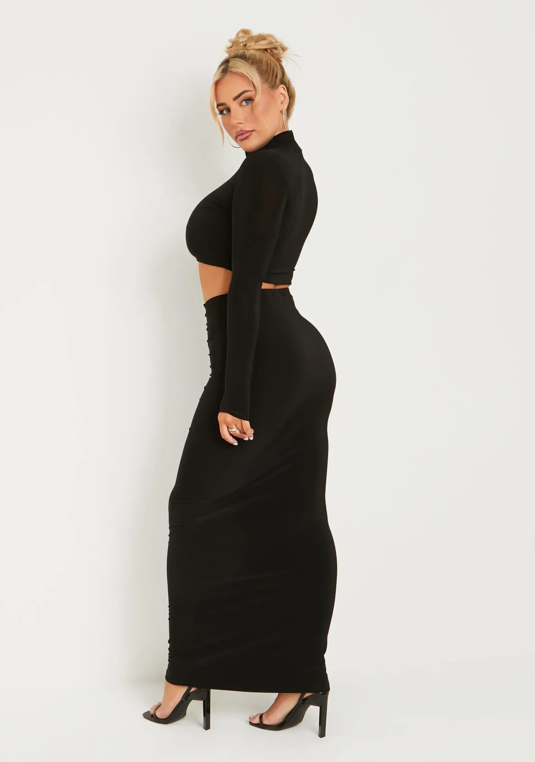 Roxanne Black Double Layer Slinky V Waist Ruched Maxi Skirt^Missy Empire Store