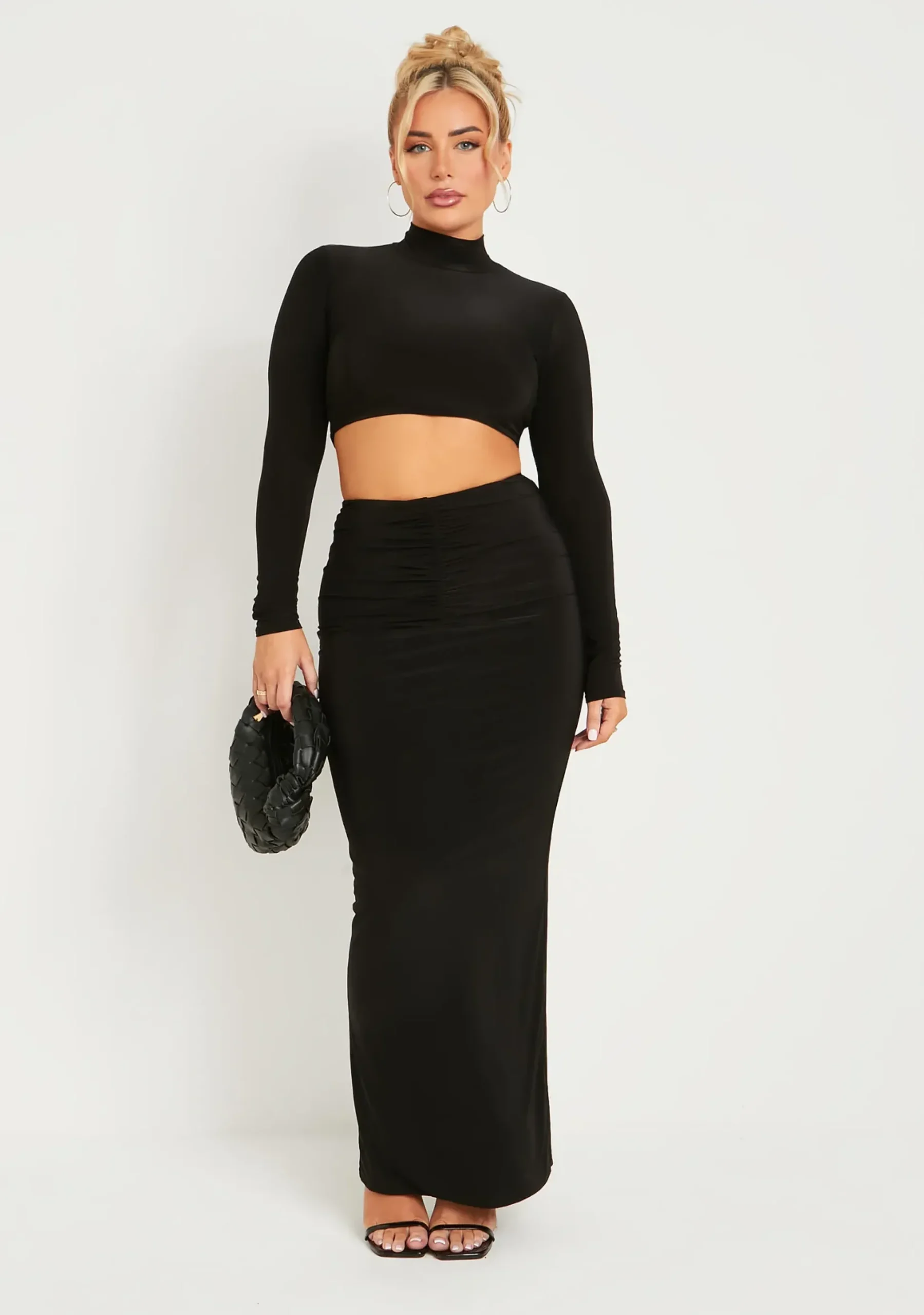 Roxanne Black Double Layer Slinky V Waist Ruched Maxi Skirt^Missy Empire Store