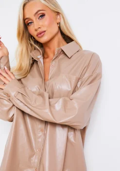 Roxanne Taupe Faux Leather Pocket Shirt^Missy Empire Shop