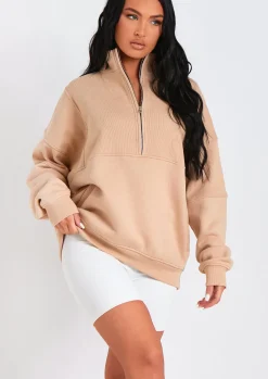 Roxy Beige Premium Ribbed Panelled Half Zip Sweatshirt^Missy Empire Hot