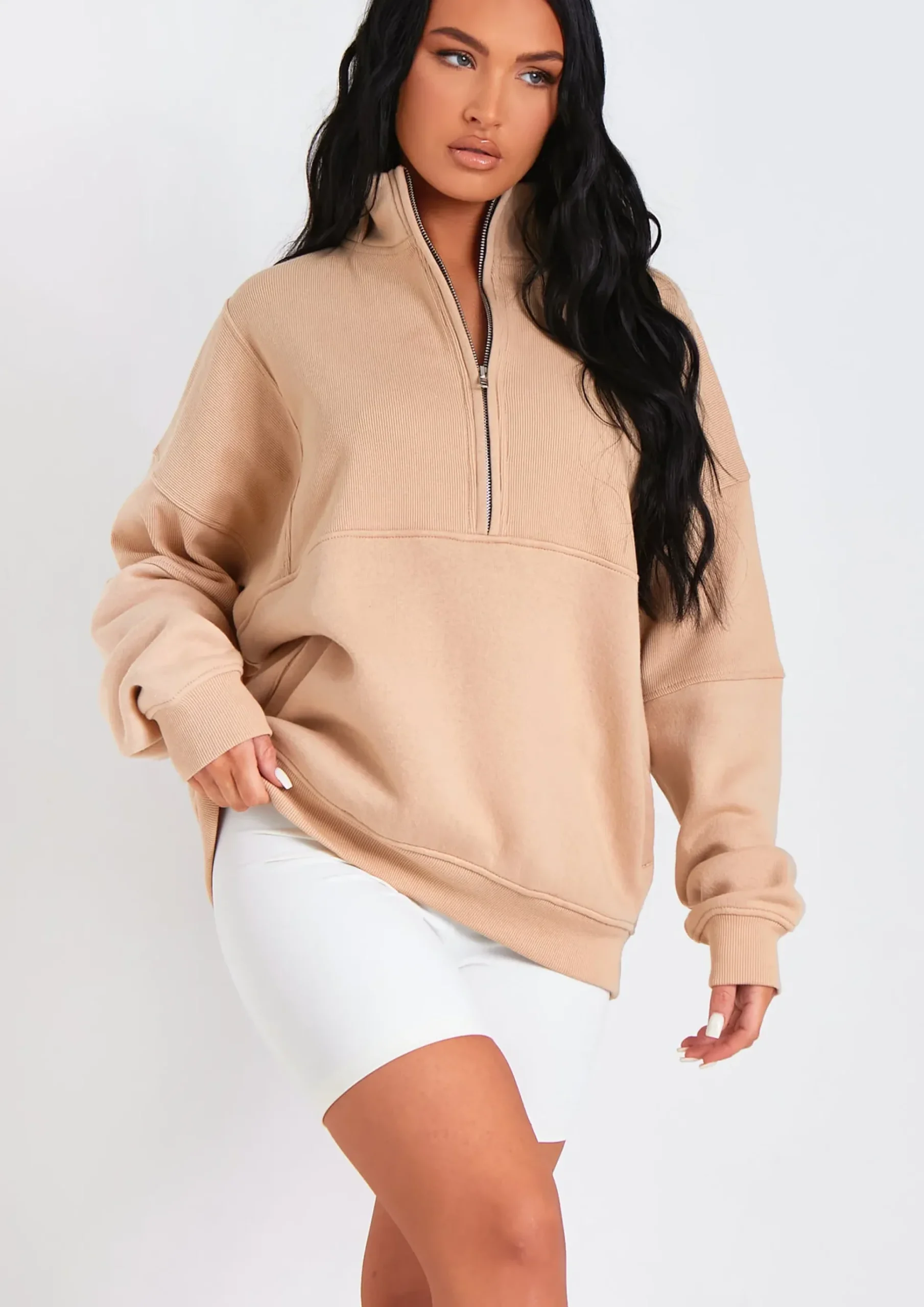 Roxy Beige Premium Ribbed Panelled Half Zip Sweatshirt^Missy Empire Hot