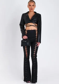 Cheap Ruby Black Lace Up High Waisted Trousers Women Trousers