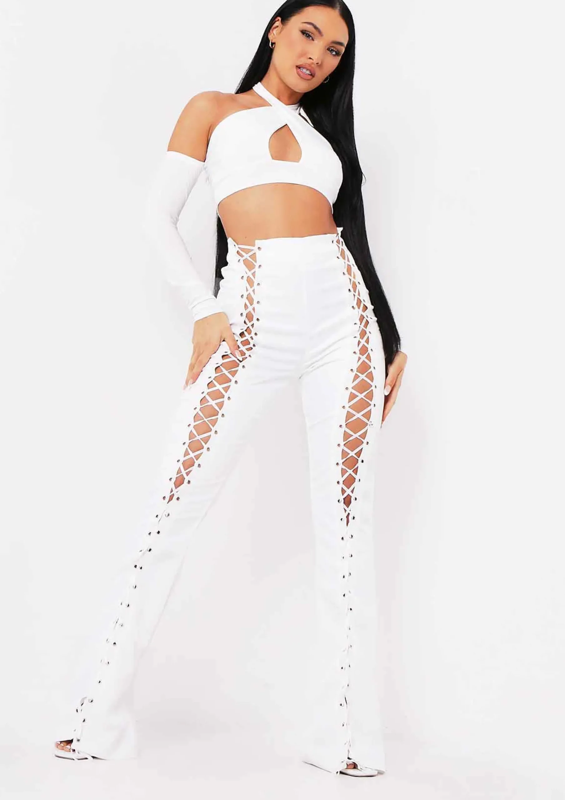 Sale Ruby Ivory Lace Up High Waisted Trousers Women Trousers