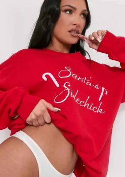 Ruby Red 'santa's Sidechick' Candy Cane Sweatshirt^Missy Empire Hot