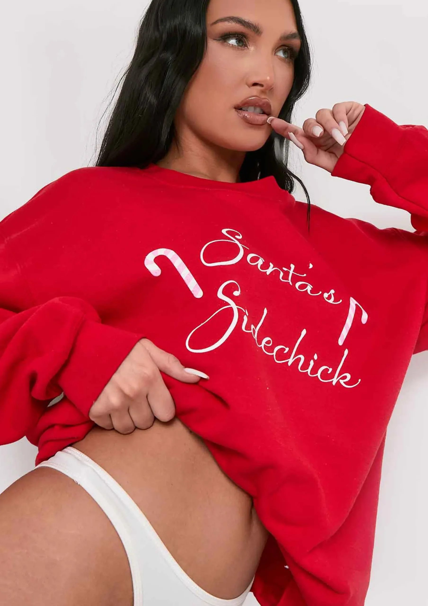 Ruby Red 'santa's Sidechick' Candy Cane Sweatshirt^Missy Empire Hot