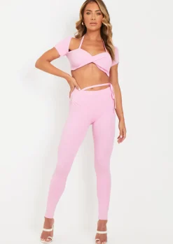 Store Sabella Pink Tie Waist Knit Leggings Women Leggings