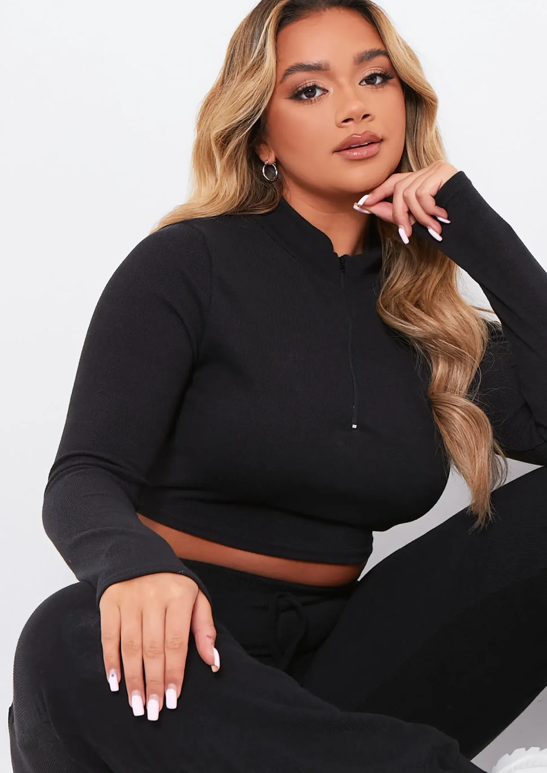 Sade Black Soft Rib Zip Up Long Sleeve Crop Top^Missy Empire Sale
