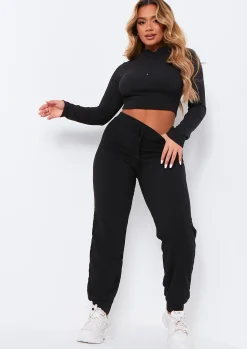 Sade Black Soft Rib Zip Up Long Sleeve Crop Top^Missy Empire Sale