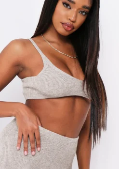 Saffron Oat Knitted Rib Plunge Bralet^Missy Empire Cheap