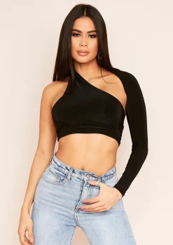 Sam Black One Shoulder Long Sleeve Crop Top^Missy Empire Flash Sale