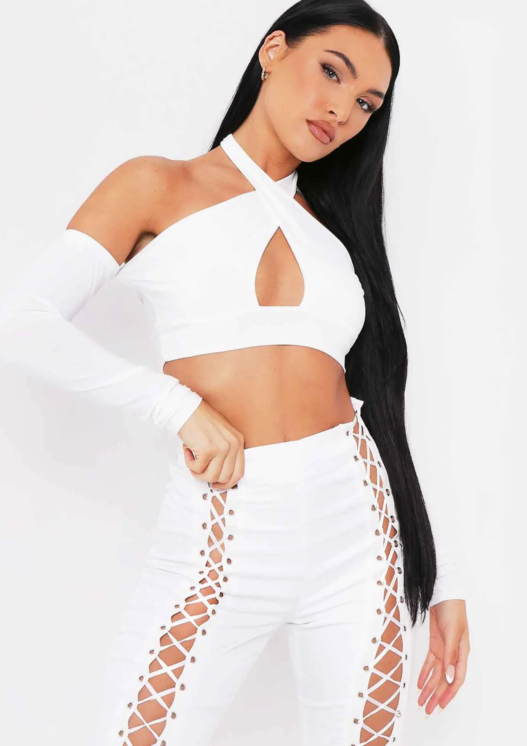 Saoirse Ivory Cross Halterneck Top With Sleeves^Missy Empire Discount