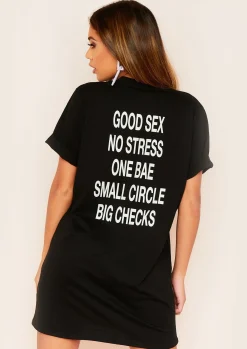Hot Sara Black No Stress Graphic Slogan T-Shirt Dress Women Dresses