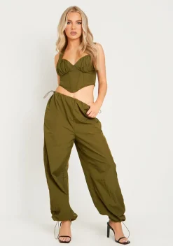 Sale Sara Khaki Ruched Cargo Trousers With Toggle Women Trousers