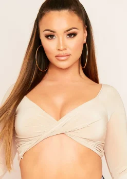 Sara Champagne Slinky Long Sleeve Twist Front Crop Top^Missy Empire Shop