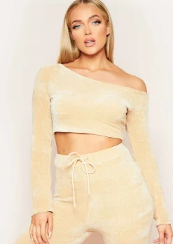 Discount Sarah Beige Chenille Off Shoulder Cropped Jumper Women Loungewear
