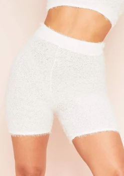Online Seena White Fluffy Knit High Waist Shorts Women Shorts