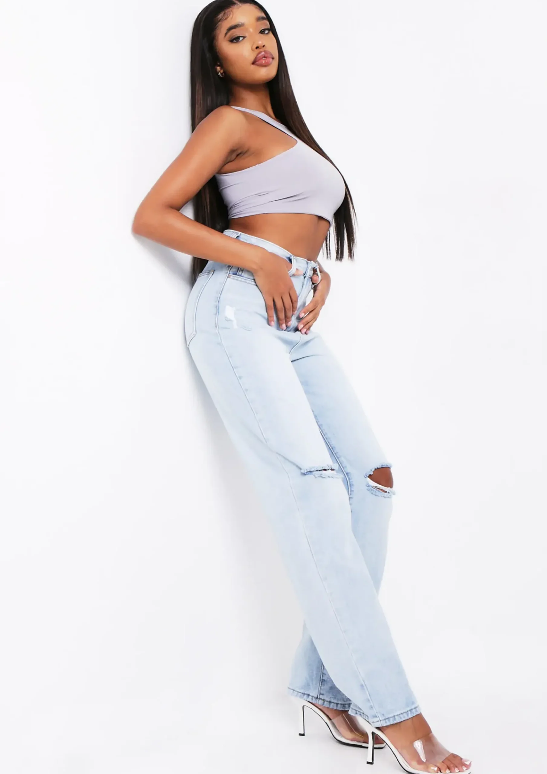 Seera Denim Light Wash Knee Slit Jeans^Missy Empire Sale