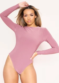 Selena Rose Long Sleeve Double Thickness Crew Neck Slinky Bodysuit^Missy Empire Cheap