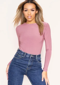 Selena Rose Long Sleeve Double Thickness Crew Neck Slinky Bodysuit^Missy Empire Cheap