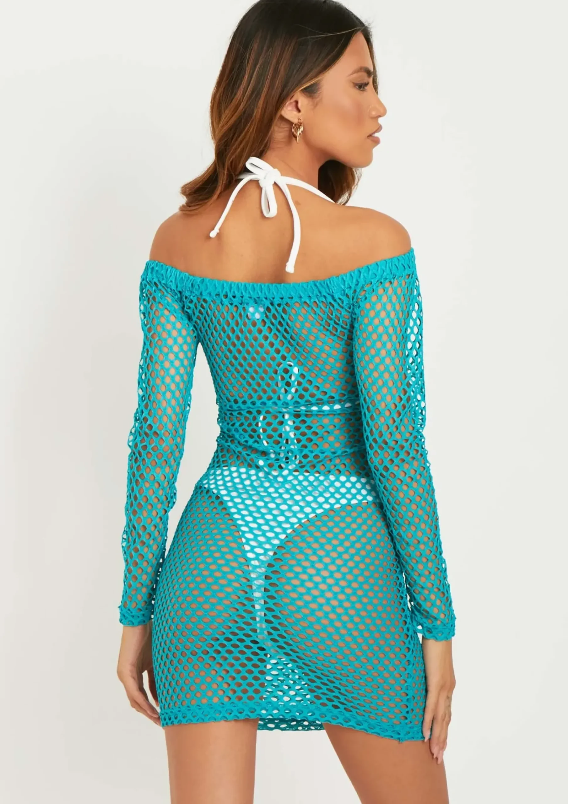 Flash Sale Serenity Blue Mesh Mini Long Sleeve Beach Dress Women Dresses