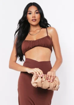 Shahena Chocolate Ruched Strappy Bralet Crop Top^Missy Empire Sale