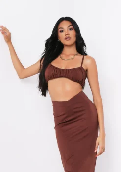 Shahena Chocolate Ruched Strappy Bralet Crop Top^Missy Empire Sale