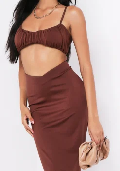 Shahena Chocolate Ruched Strappy Bralet Crop Top^Missy Empire Sale