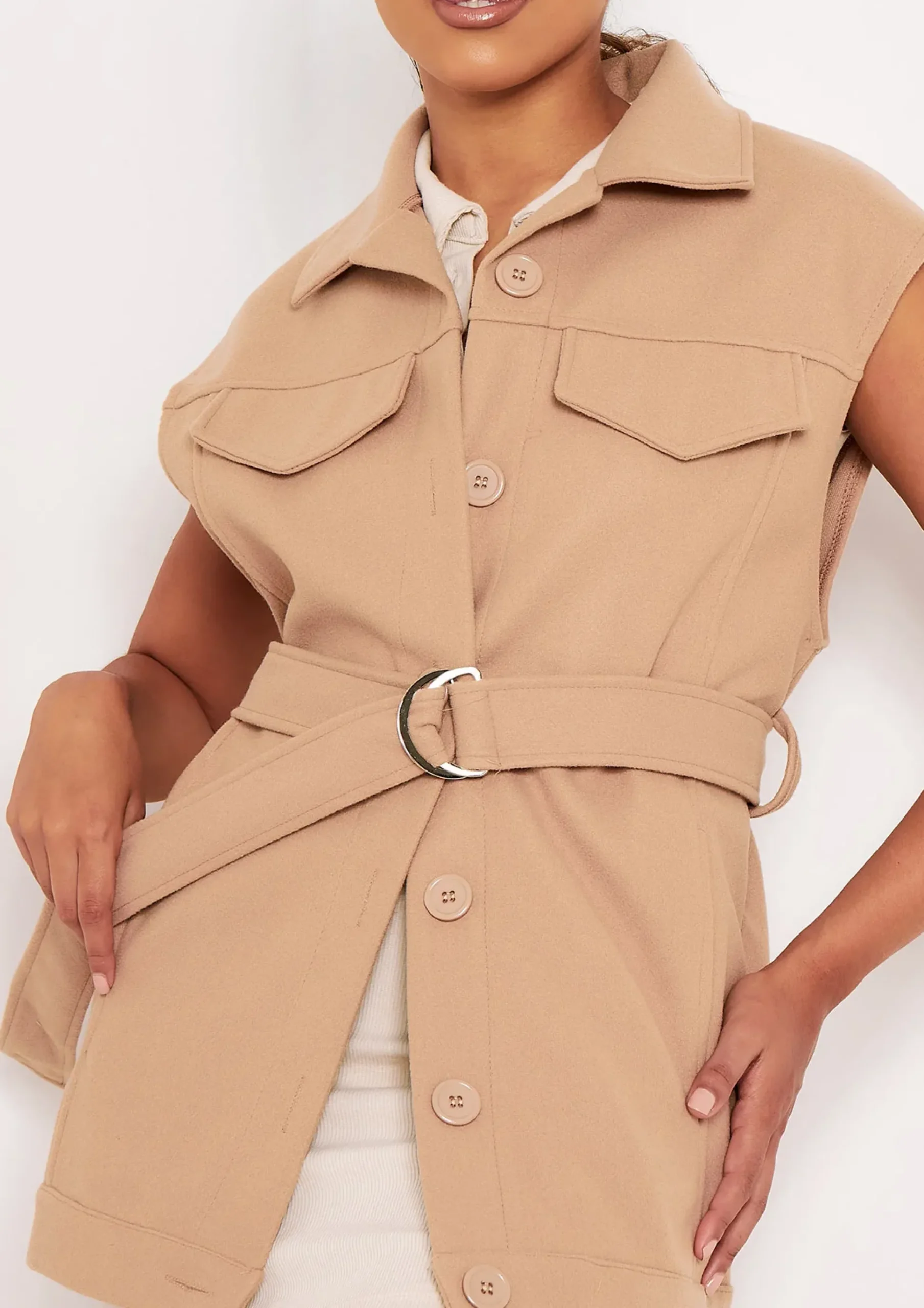 Shauna Beige Belted Button Up Sleeveless Shacket^Missy Empire Cheap