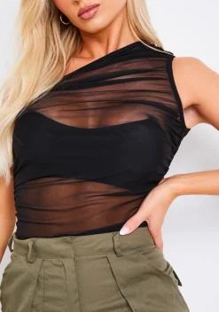 Shayan Black Mesh One Shoulder Bodysuit^Missy Empire Hot