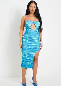 Cheap Shelby Blue Printed Cut Out Slit Mesh Midi Dress Women Dresses