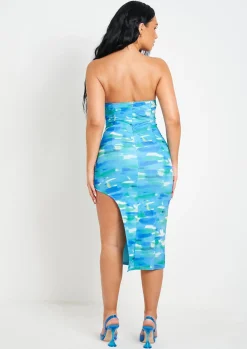 Cheap Shelby Blue Printed Cut Out Slit Mesh Midi Dress Women Dresses