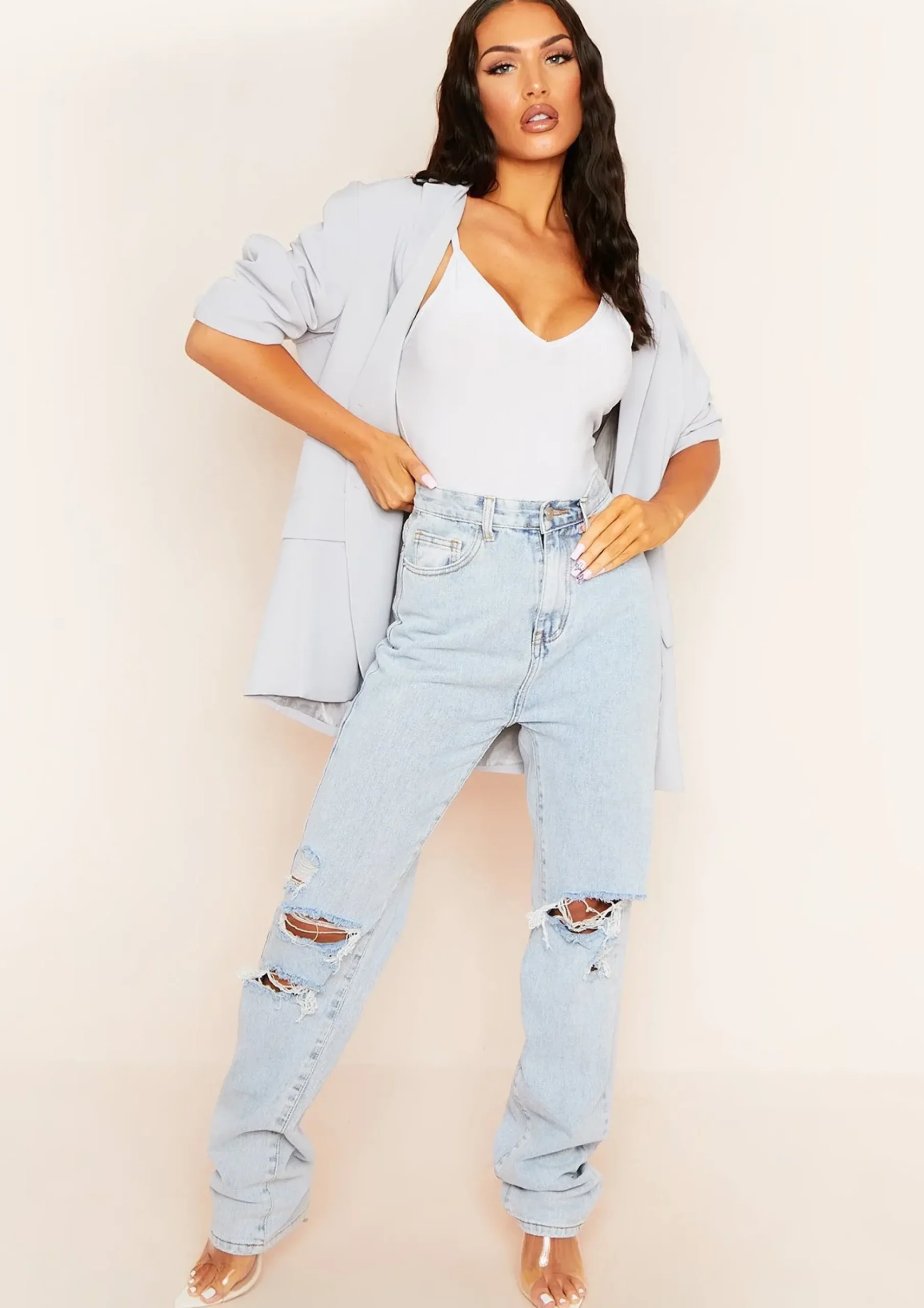 Sidra Light Grey Smooth Plunge Strappy Bodysuit^Missy Empire Store